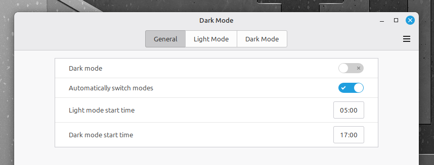 Dark Mode applet - General Settings screen