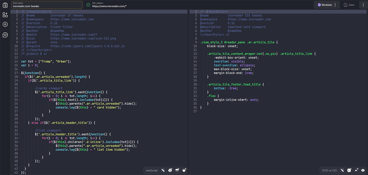 User JavaScript & CSS screen