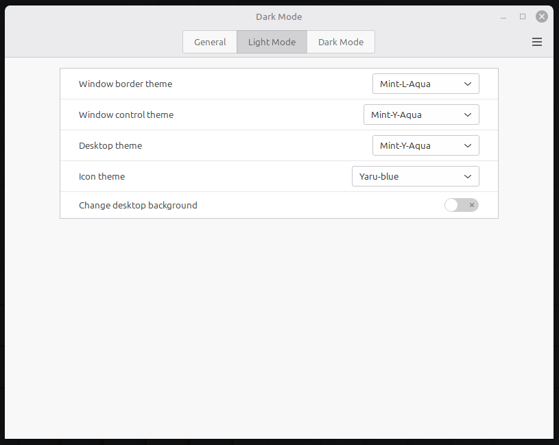 Dark Mode applet - Light Mode Settings screen